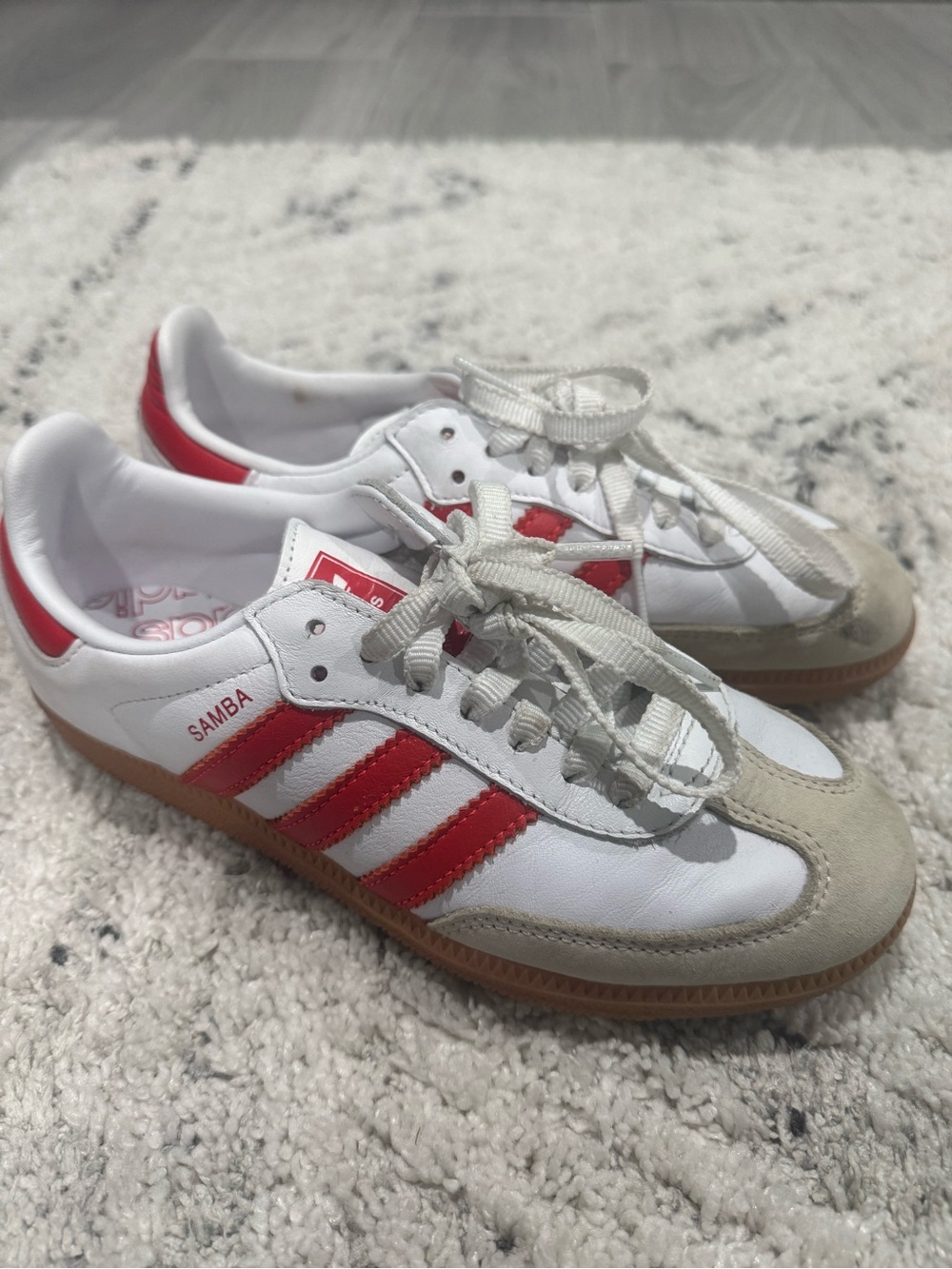 Gender inclusive adidas Samba White Sneakers with Red Stripes and Gum Sole